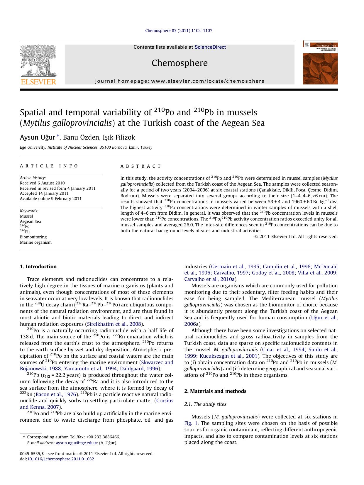 Spatial and temporal variability of 210Po and 210Pb in mussels (Mytilus galloprovincialis) at the Turkish coast of the Aegean Sea by Aysun UÄŸur & Banu Özden & Işık Filizok