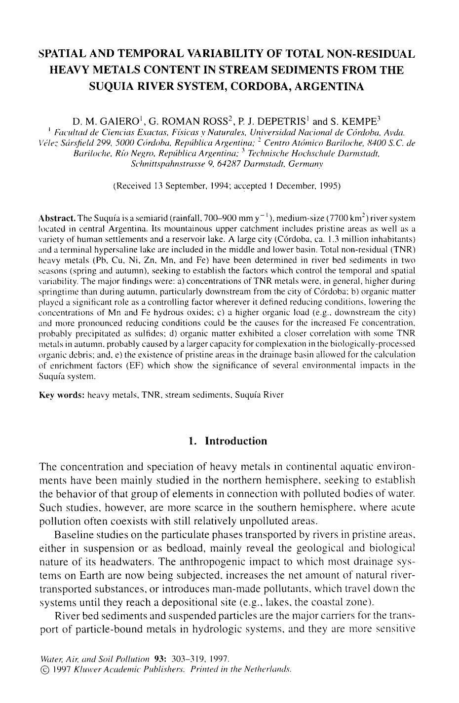 Spatial and temporal variability of total non-residual heavy metals content in stream sediments from the Suquia River system, Cordoba, Argentina by Unknown