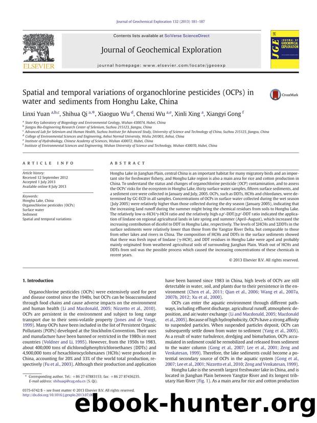 Spatial and temporal variations of organochlorine pesticides (OCPs) in water and sediments from Honghu Lake, China by Linxi Yuan & Shihua Qi & Xiaoguo Wu & Chenxi Wu & Xinli Xing & Xiangyi Gong
