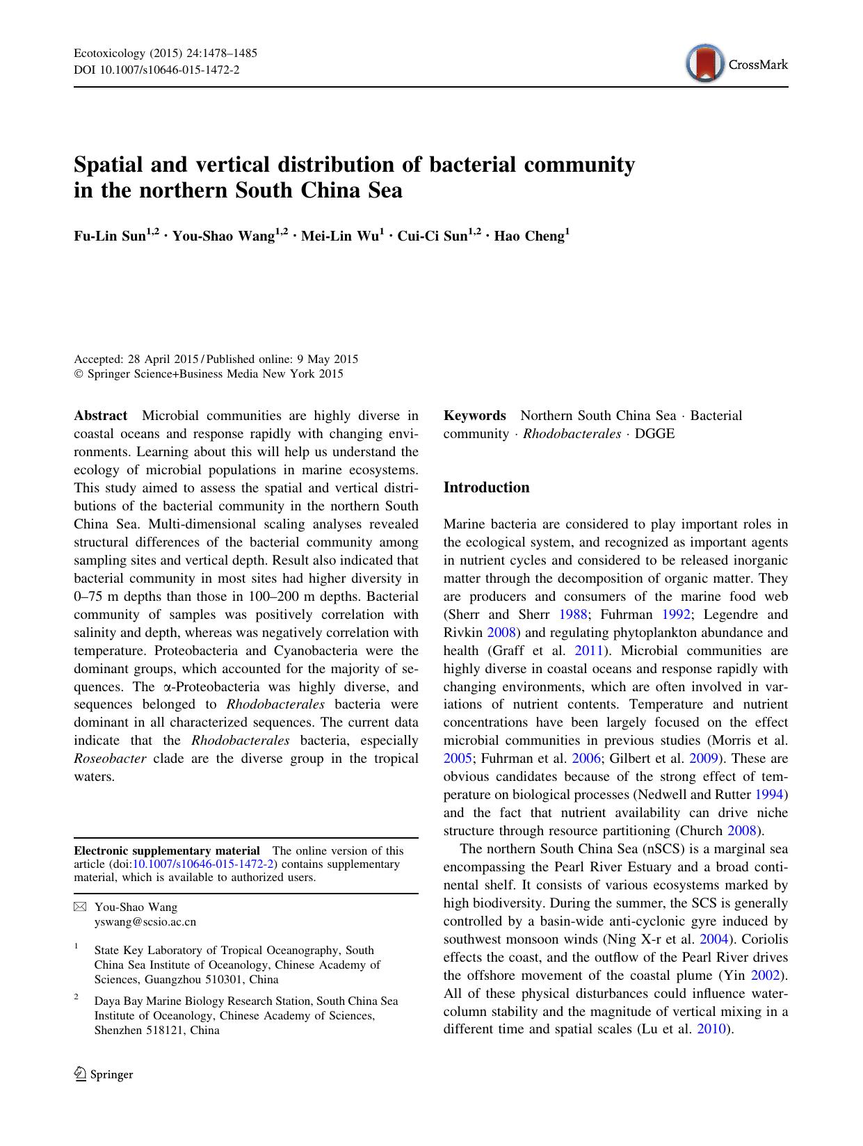 Spatial and vertical distribution of bacterial community in the northern South China Sea by Fu-Lin Sun & You-Shao Wang & Mei-Lin Wu & Cui-Ci Sun & Hao Cheng