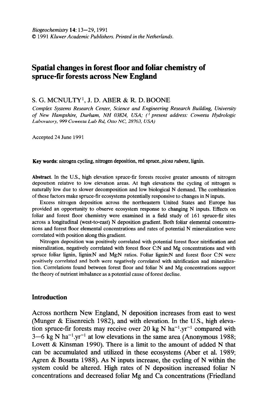 Spatial changes in forest floor and foliar chemistry of spruce-fir forests across New England by Unknown