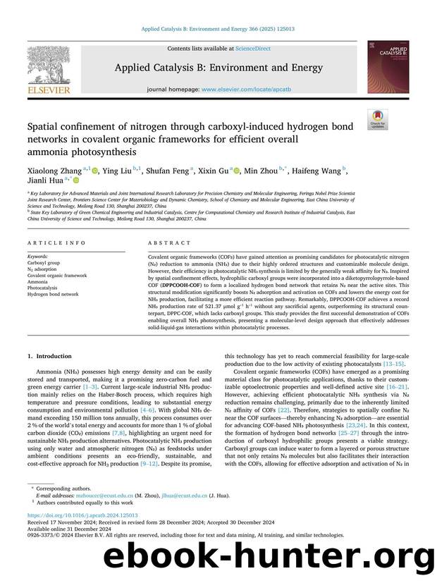 Spatial confinement of nitrogen through carboxyl-induced hydrogen bond networks in covalent organic frameworks for efficient overall ammonia photosynthesis by Xiaolong Zhang & Ying Liu & Shufan Feng & Xixin Gu & Min Zhou & Haifeng Wang & Jianli Hua