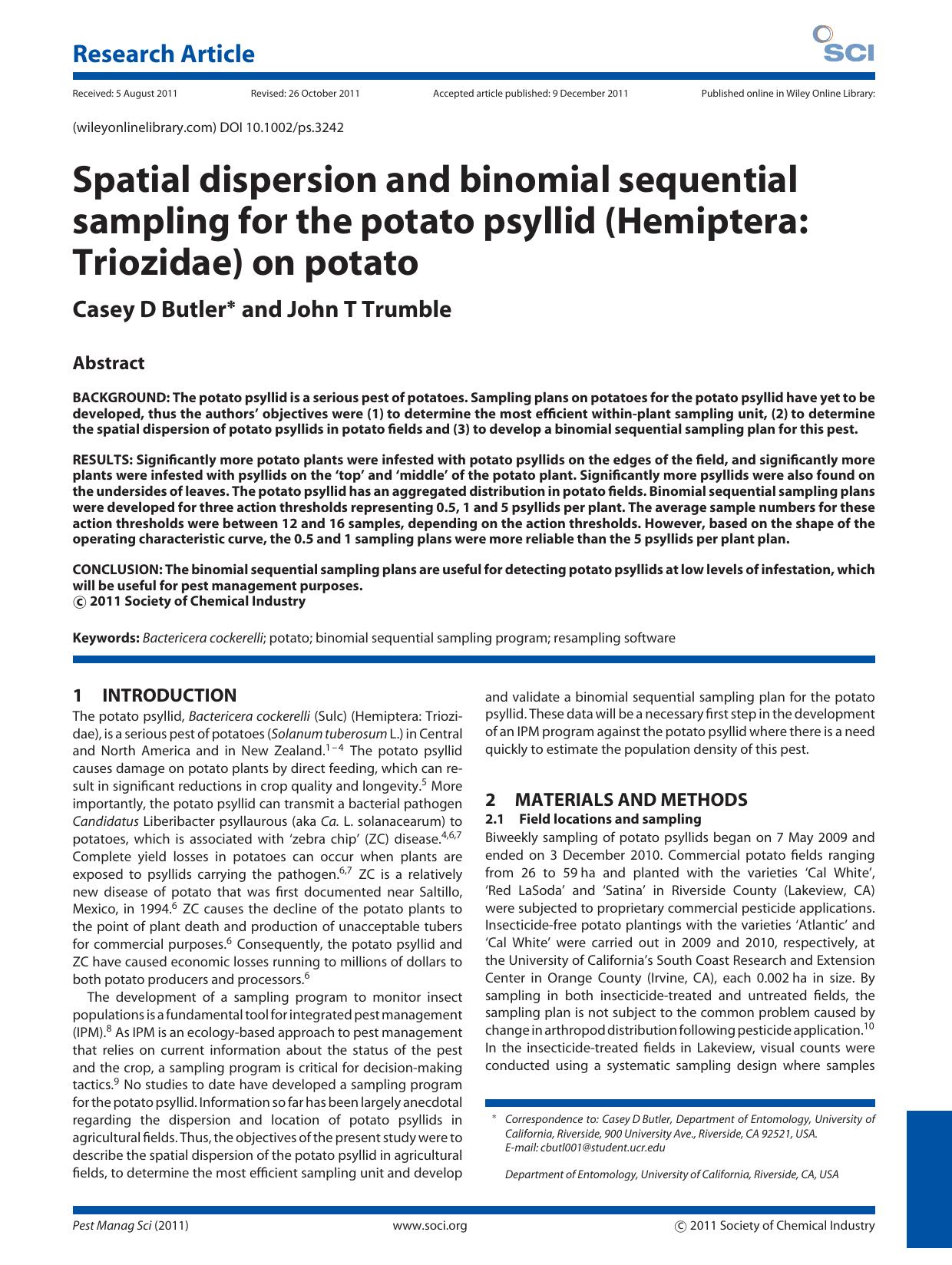 Spatial dispersion and binomial sequential sampling for the potato psyllid (Hemiptera: Triozidae) on potato by Unknown