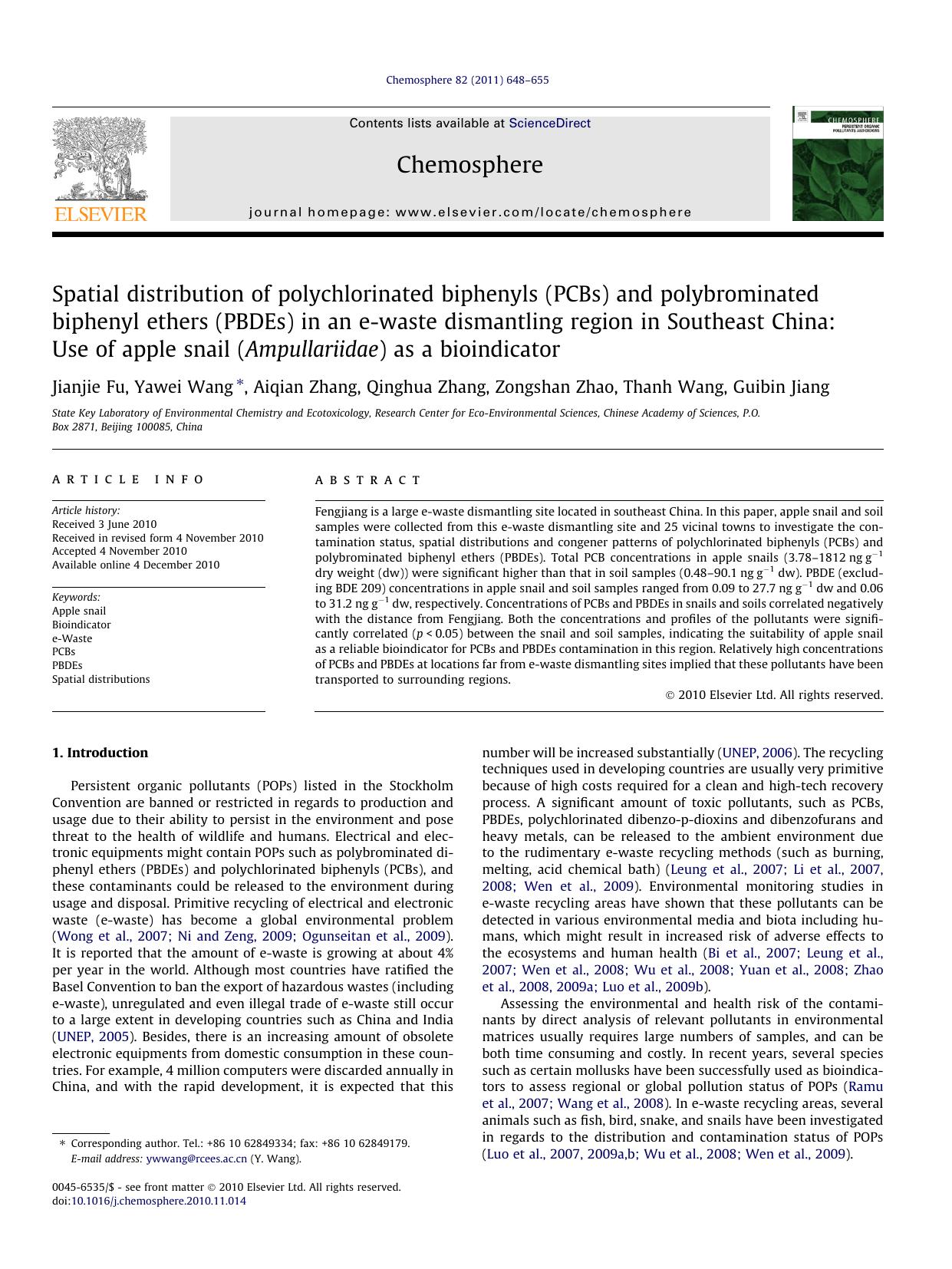 Spatial distribution of polychlorinated biphenyls (PCBs) and polybrominated biphenyl ethers (PBDEs) in an e-waste dismantling region in Southeast China: Use of apple snail (Ampulla by Jianjie Fu & Yawei Wang & Aiqian Zhang & Qinghua Zhang & Zongshan Zhao & Thanh Wang & Guibin Jiang