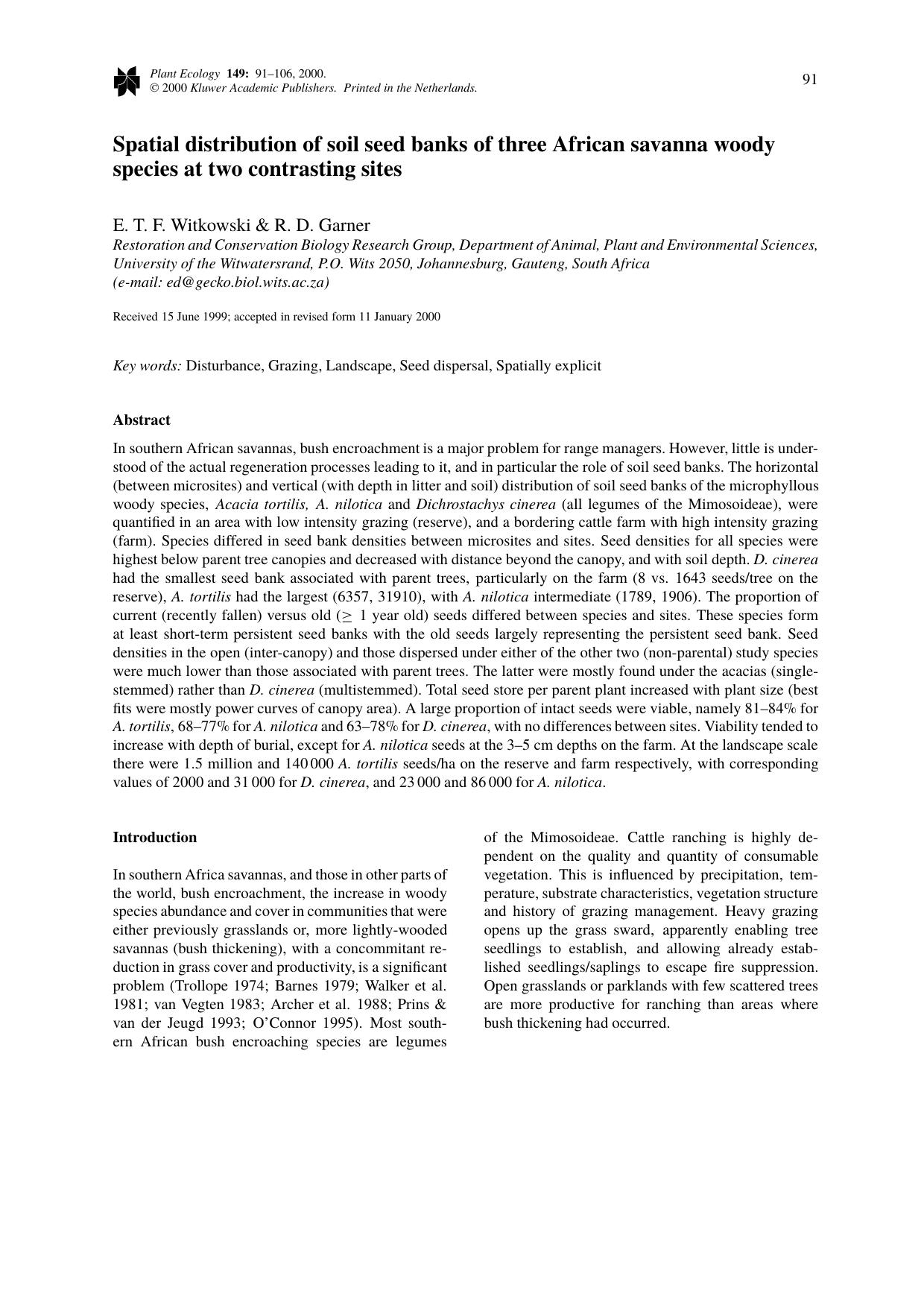 Spatial distribution of soil seed banks of three African savanna woody species at two contrasting sites by Unknown
