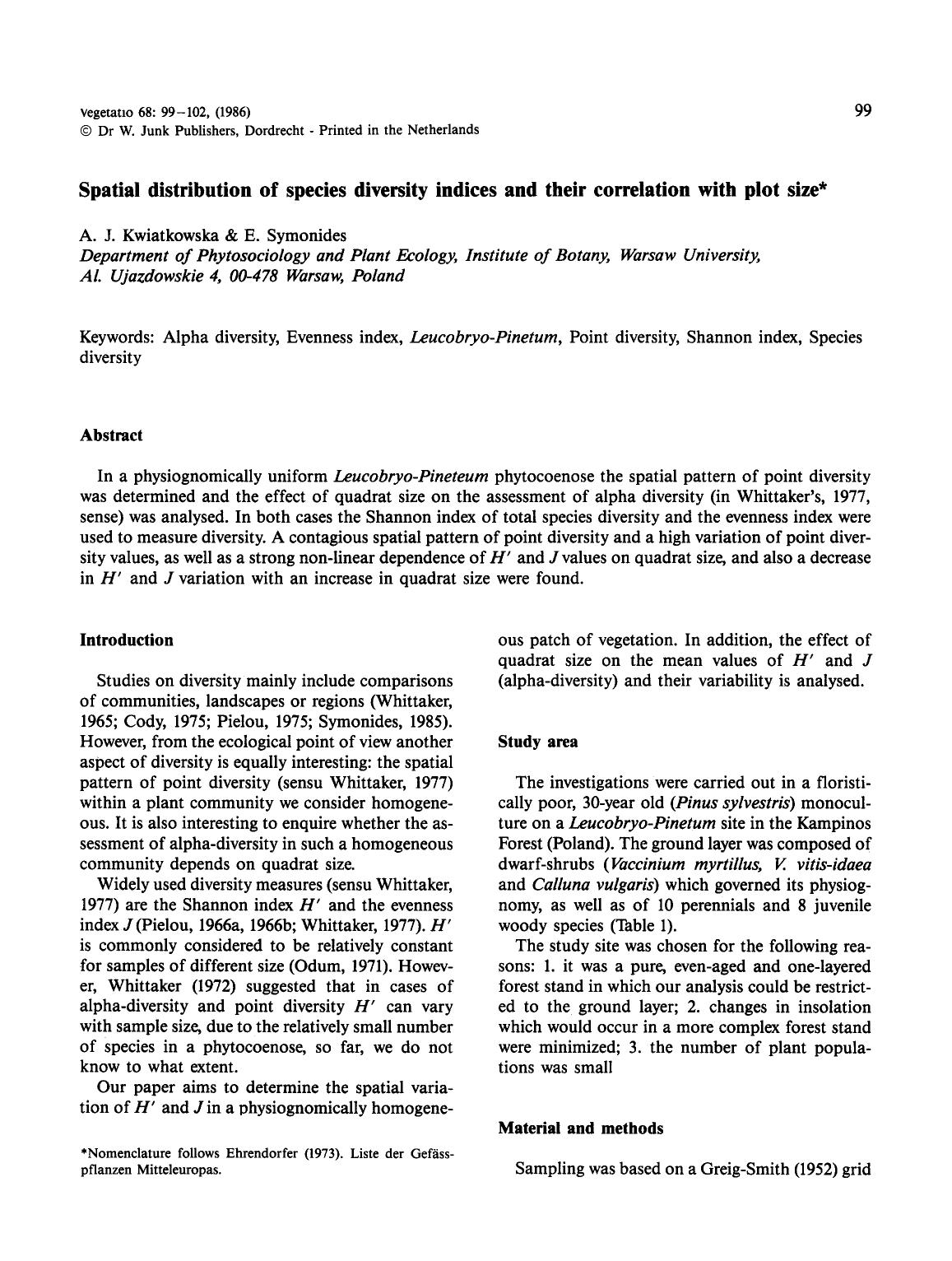 Spatial distribution of species diversity indices and their correlation with plot size by Unknown