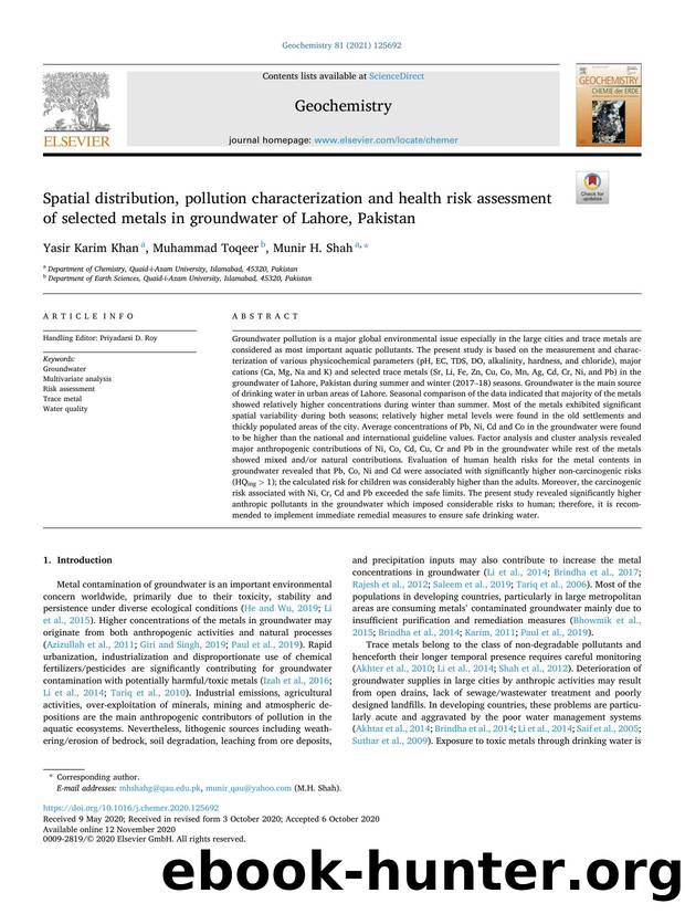 Spatial distribution, pollution characterization and health risk assessment of selected metals in groundwater of Lahore, Pakistan by Yasir Karim Khan & Muhammad Toqeer & Munir H. Shah