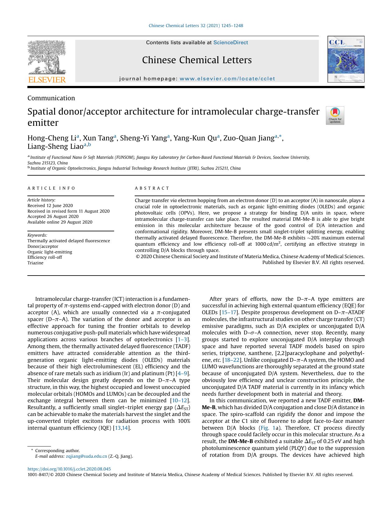 Spatial donoracceptor architecture for intramolecular charge-transfer emitter by Hong-Cheng Li & Xun Tang & Sheng-Yi Yang & Yang-Kun Qu & Zuo-Quan Jiang & Liang-Sheng Liao