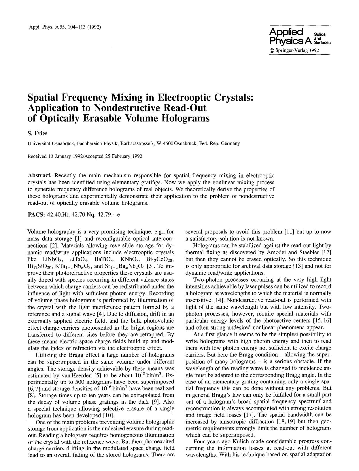 Spatial frequency mixing in electrooptic crystals: Application to nondestructive read-out of optically erasable volume holograms by Unknown