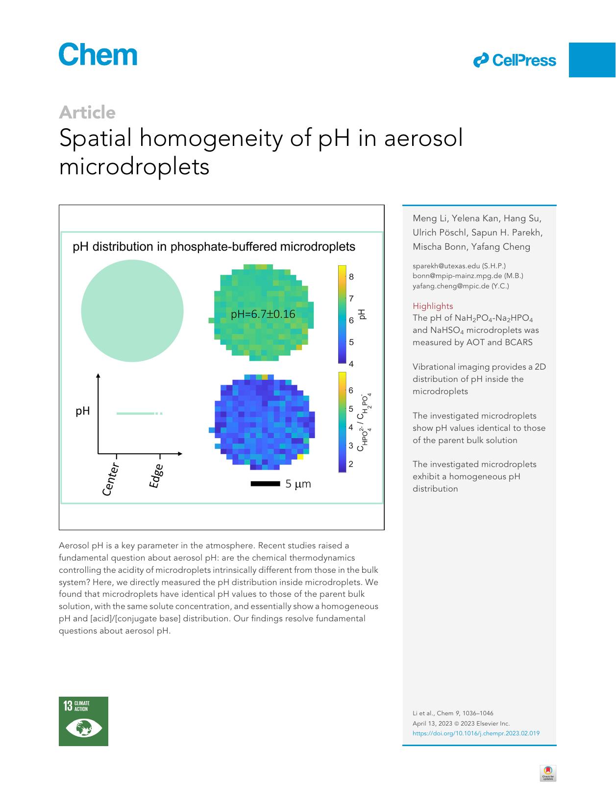 Spatial homogeneity of pH in aerosol microdroplets by Meng Li & Yelena Kan & Hang Su & Ulrich Pöschl & Sapun H. Parekh & Mischa Bonn & Yafang Cheng