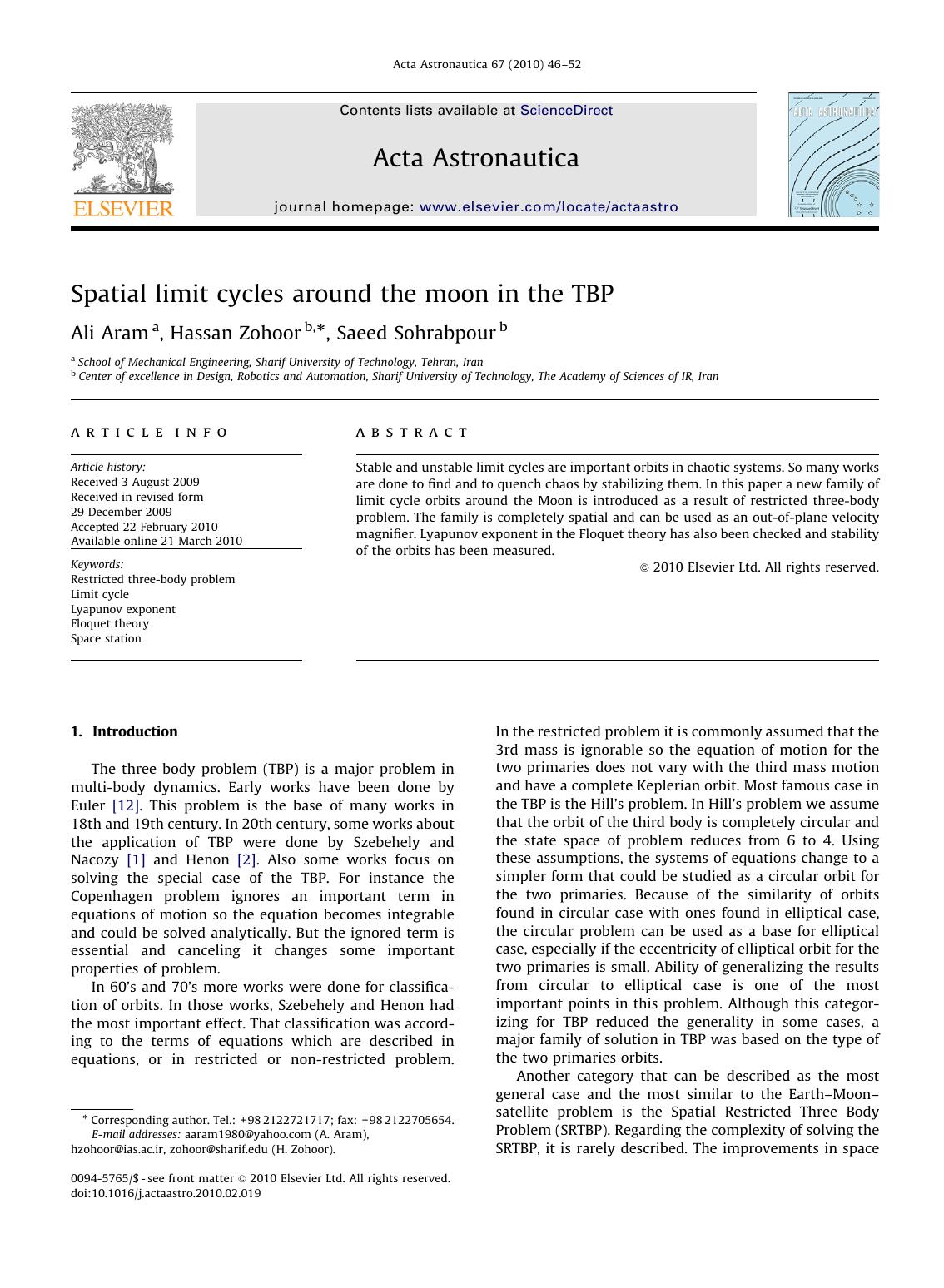 Spatial limit cycles around the moon in the TBP by Ali Aram; Hassan Zohoor; Saeed Sohrabpour
