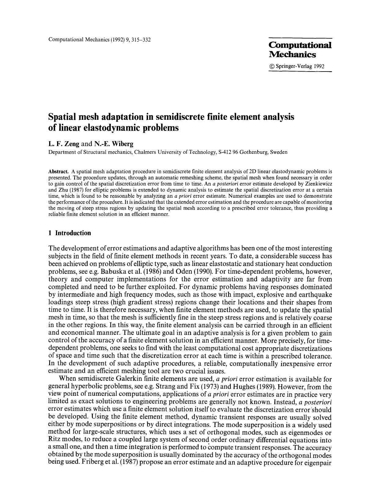 Spatial mesh adaptation in semidiscrete finite element analysis of linear elastodynamic problems by Unknown