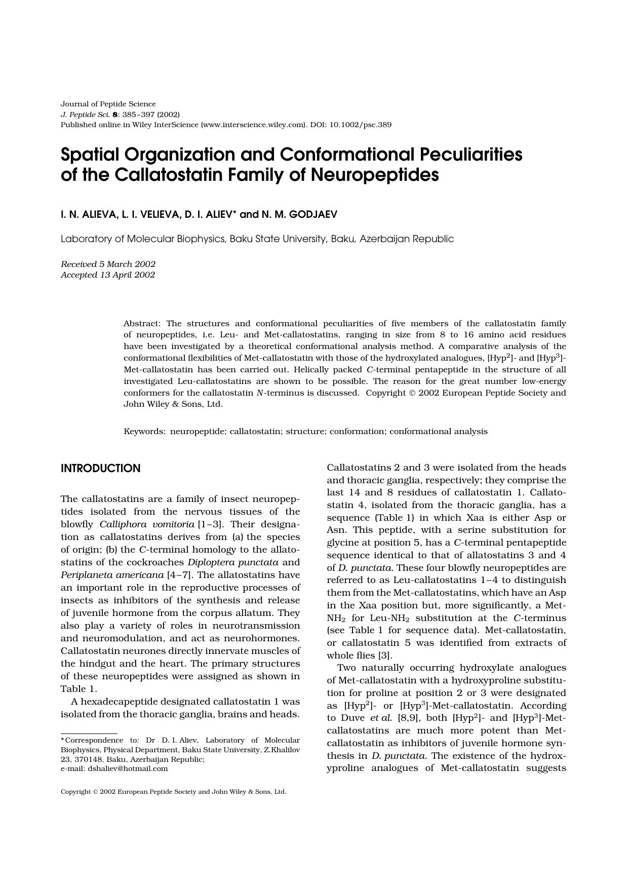 Spatial organization and conformational peculiarities of the callatostatin family of neuropeptides by Unknown