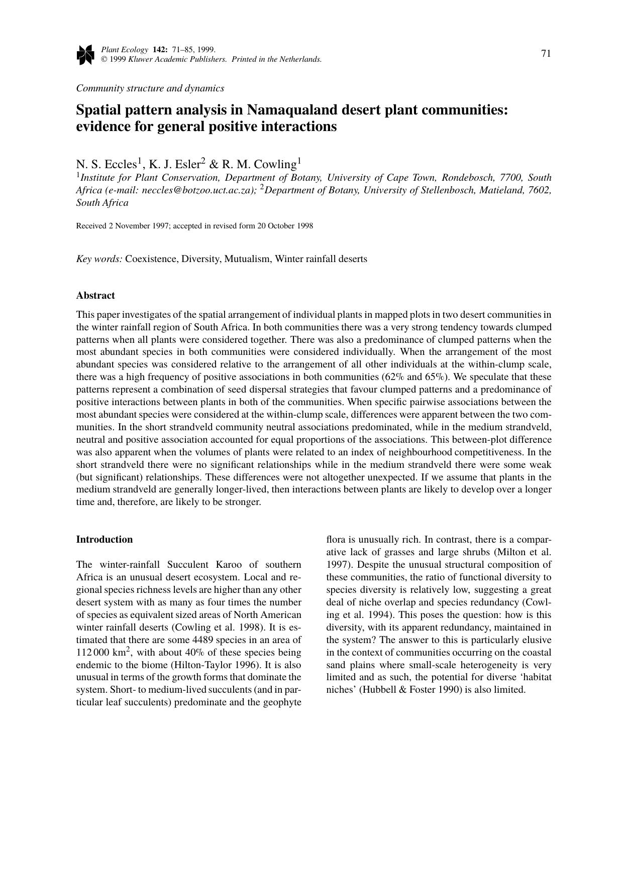 Spatial pattern analysis in Namaqualand desert plant communities: evidence for general positive interactions by Unknown