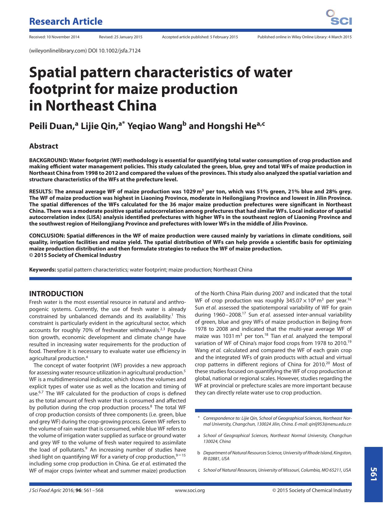 Spatial pattern characteristics of water footprint for maize production in Northeast China by Unknown