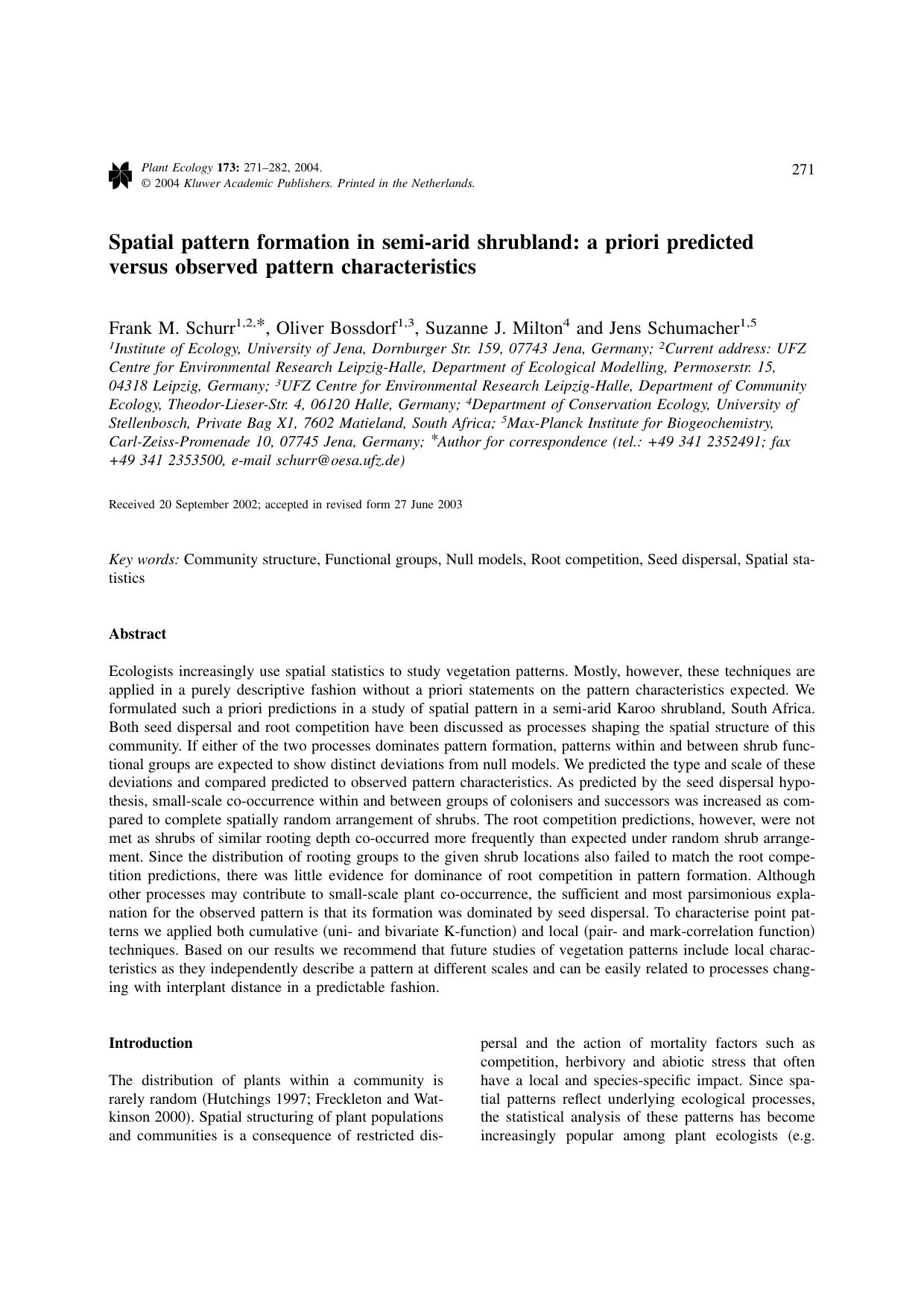 Spatial pattern formation in semi-arid shrubland: a priori predicted versus observed pattern characteristics by Unknown