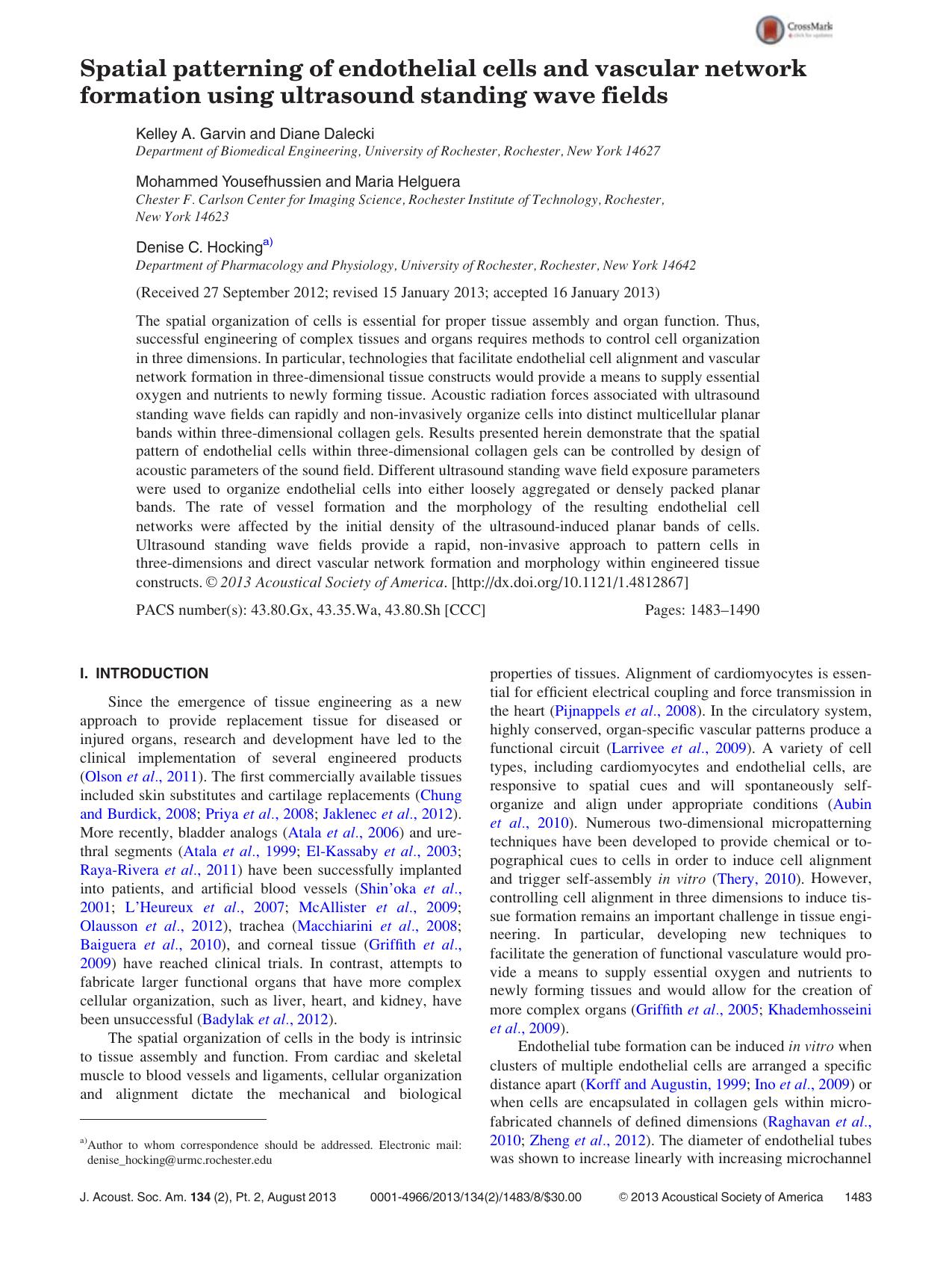 Spatial patterning of endothelial cells and vascular network formation using ultrasound standing wave fields by Kelley A. Garvin Diane Dalecki Mohammed Yousefhussien Maria Helguera and Denise C. Hockinga)