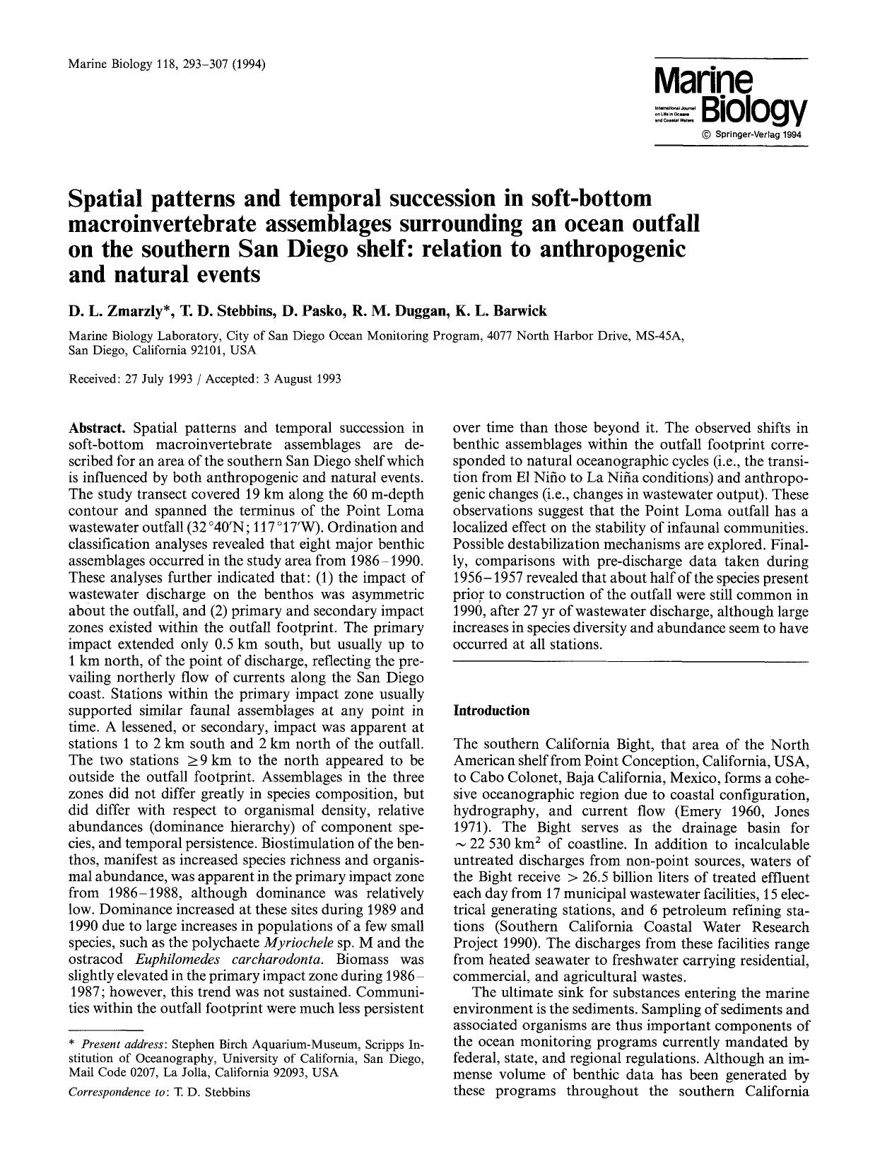 Spatial patterns and temporal succession in soft-bottom macroinvertebrate assemblages surrounding an ocean outfall on the southern San Diego shelf: relation to anthropogenic and natural events by Unknown