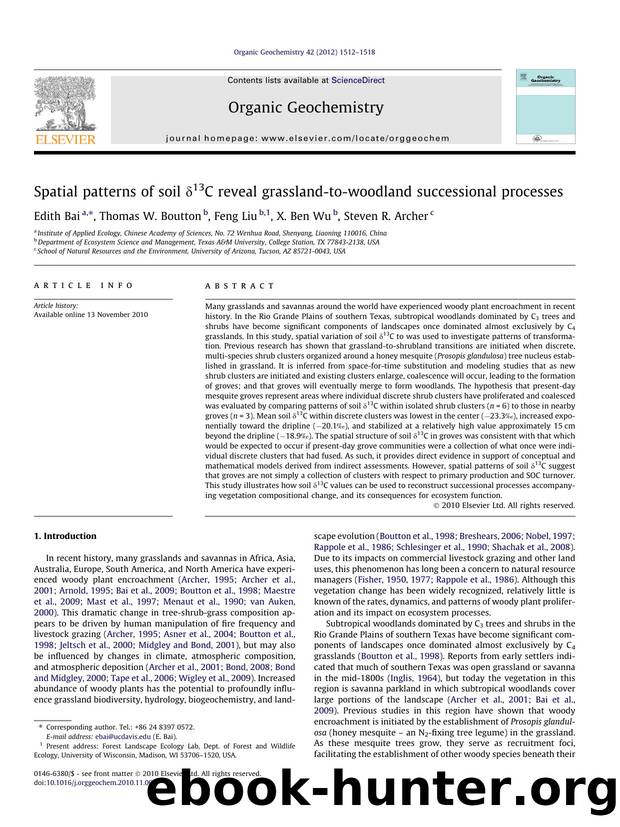 Spatial patterns of soil ÃÂ´13C reveal grassland-to-woodland successional processes by Edith Bai & Thomas W. Boutton & Feng Liu & X. Ben Wu & Steven R. Archer