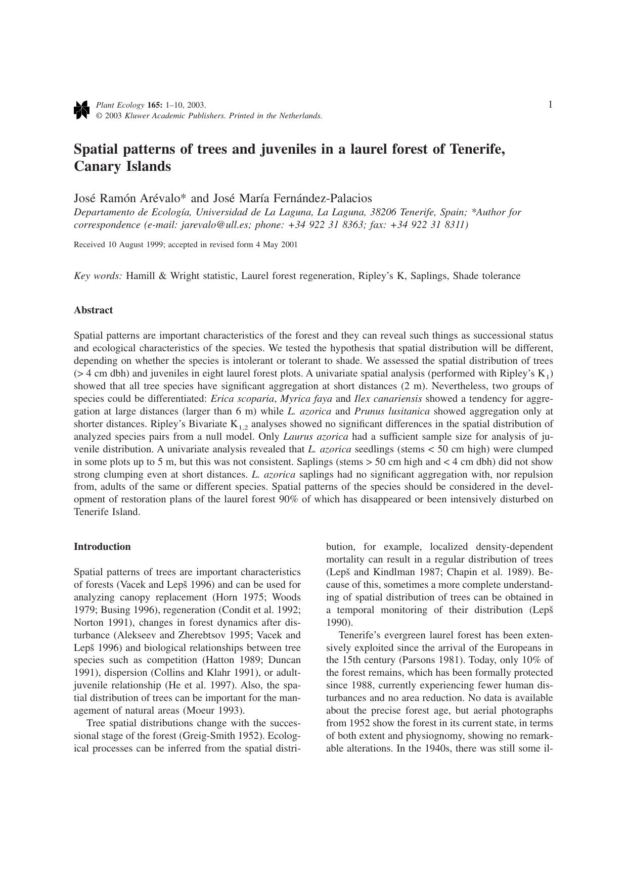 Spatial patterns of trees and juveniles in a laurel forest of Tenerife, Canary Islands by Unknown