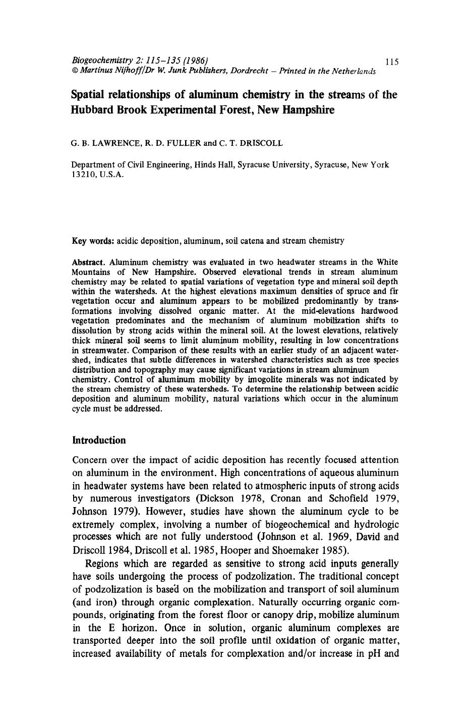 Spatial relationships of aluminum chemistry in the streams of the Hubbard Brook Experimental Forest, New Hampshire by Unknown