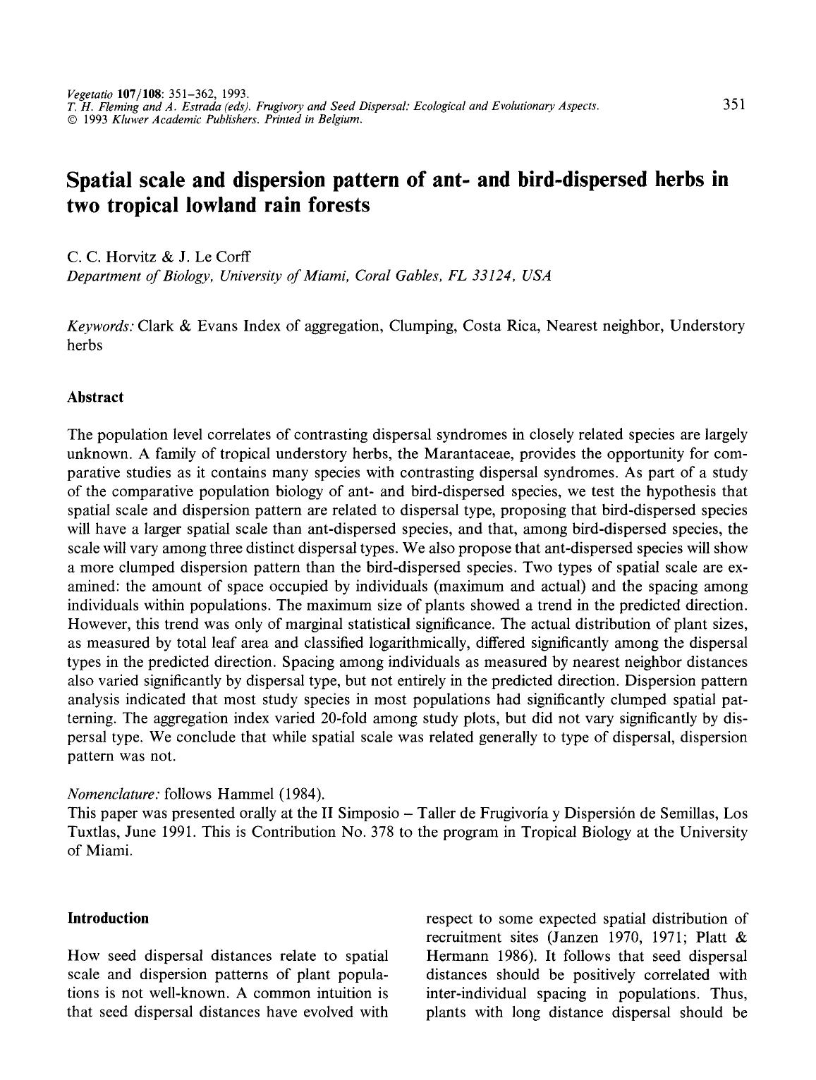 Spatial scale and dispersion pattern of ant- and bird-dispersed herbs in two tropical lowland rain forests by Unknown