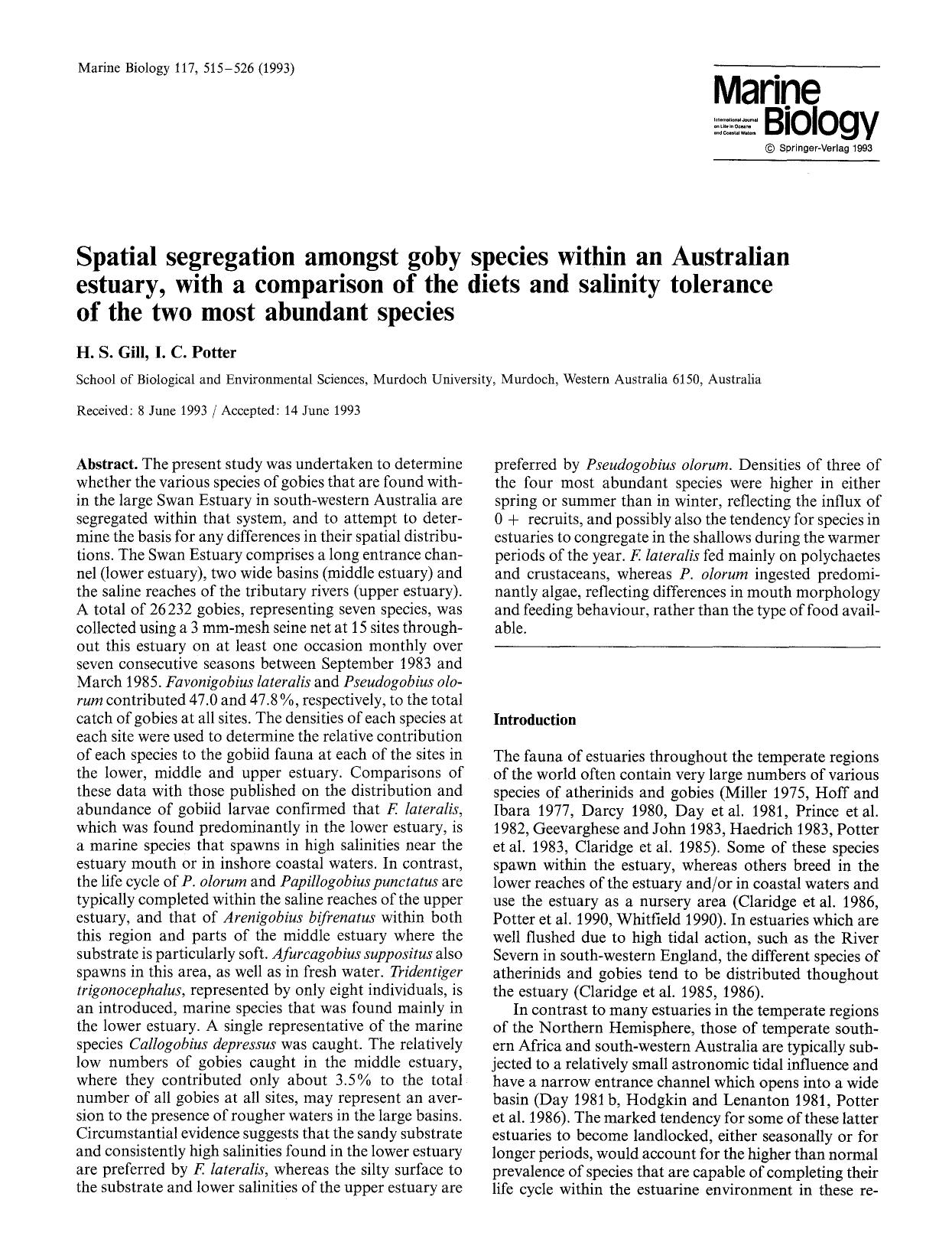 Spatial segregation amongst goby species within an Australian estuary, with a comparison of the diets and salinity tolerance of the two most abundant species by Unknown