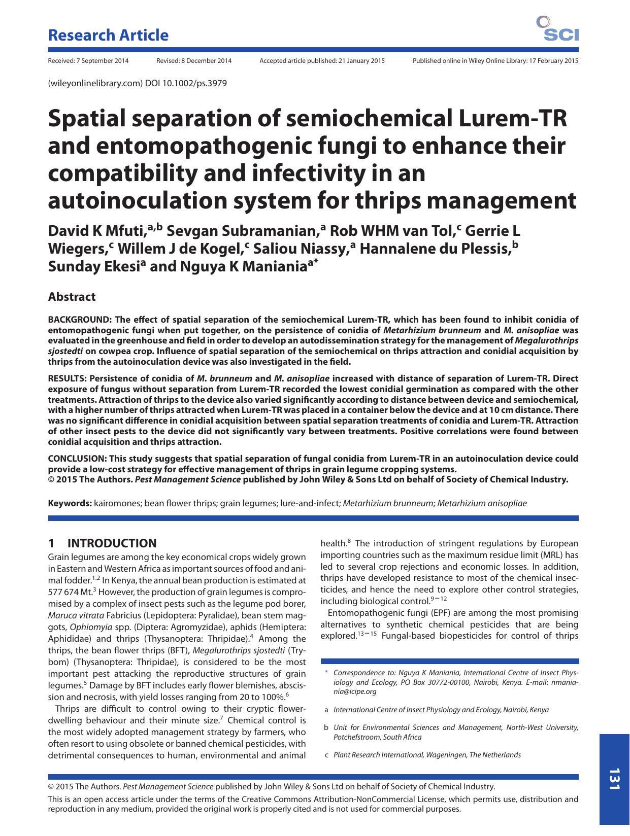 Spatial separation of semiochemical Lurem-TR and entomopathogenic fungi to enhance their compatibility and infectivity in an autoinoculation system for thrips management by Unknown