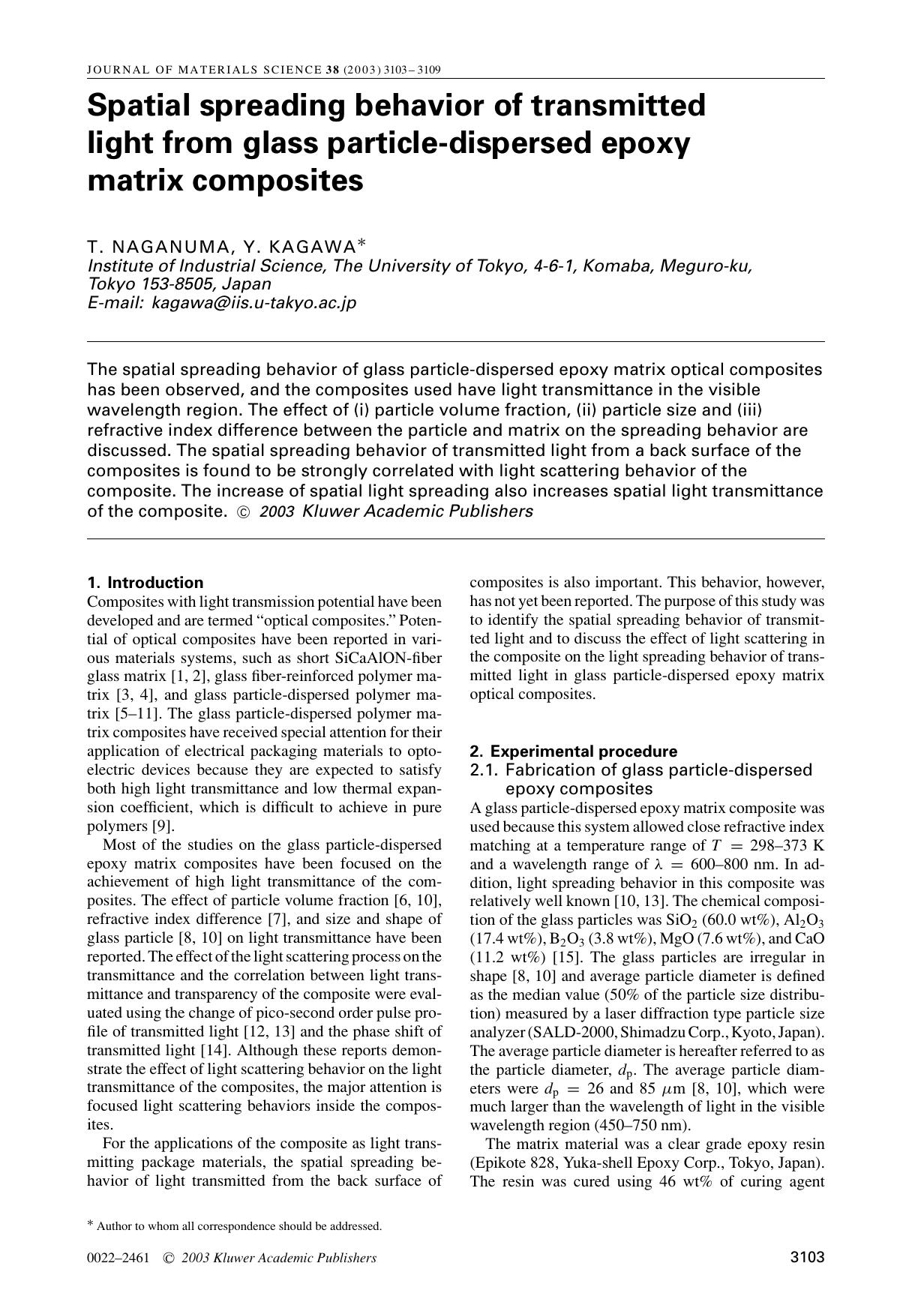 Spatial spreading behavior of transmitted light from glass particle-dispersed epoxy matrix composites by Unknown