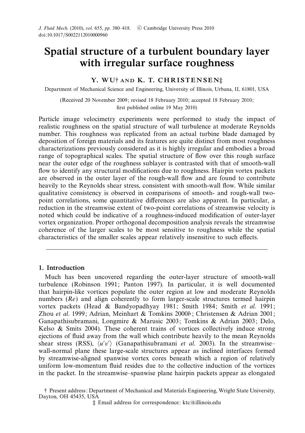 Spatial structure of a turbulent boundary layer with irregular surface roughness by Y. WU K. T. CHRISTENSEN