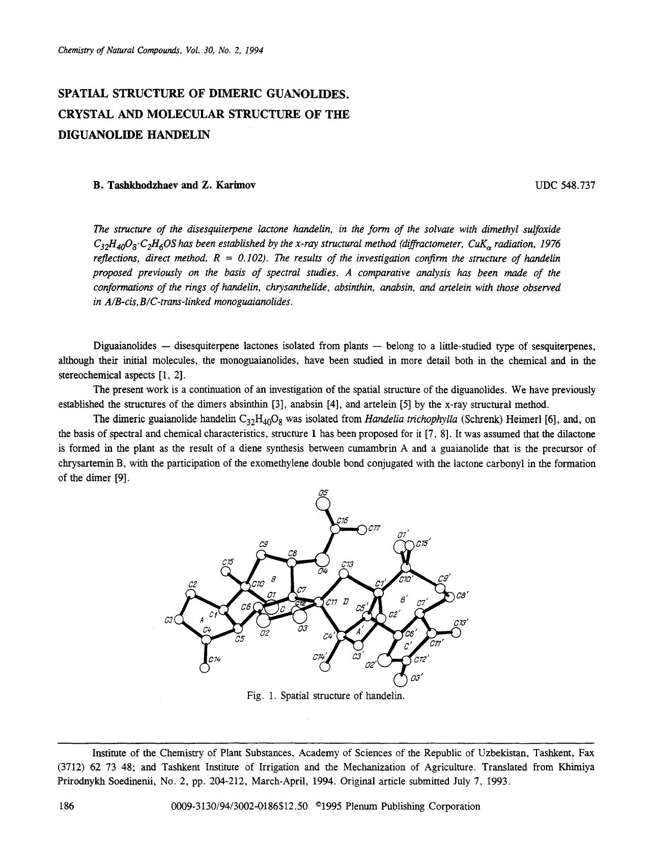 Spatial structure of dimeric guanolides. Crystal and molecular structure of the diguanolide handelin by Unknown