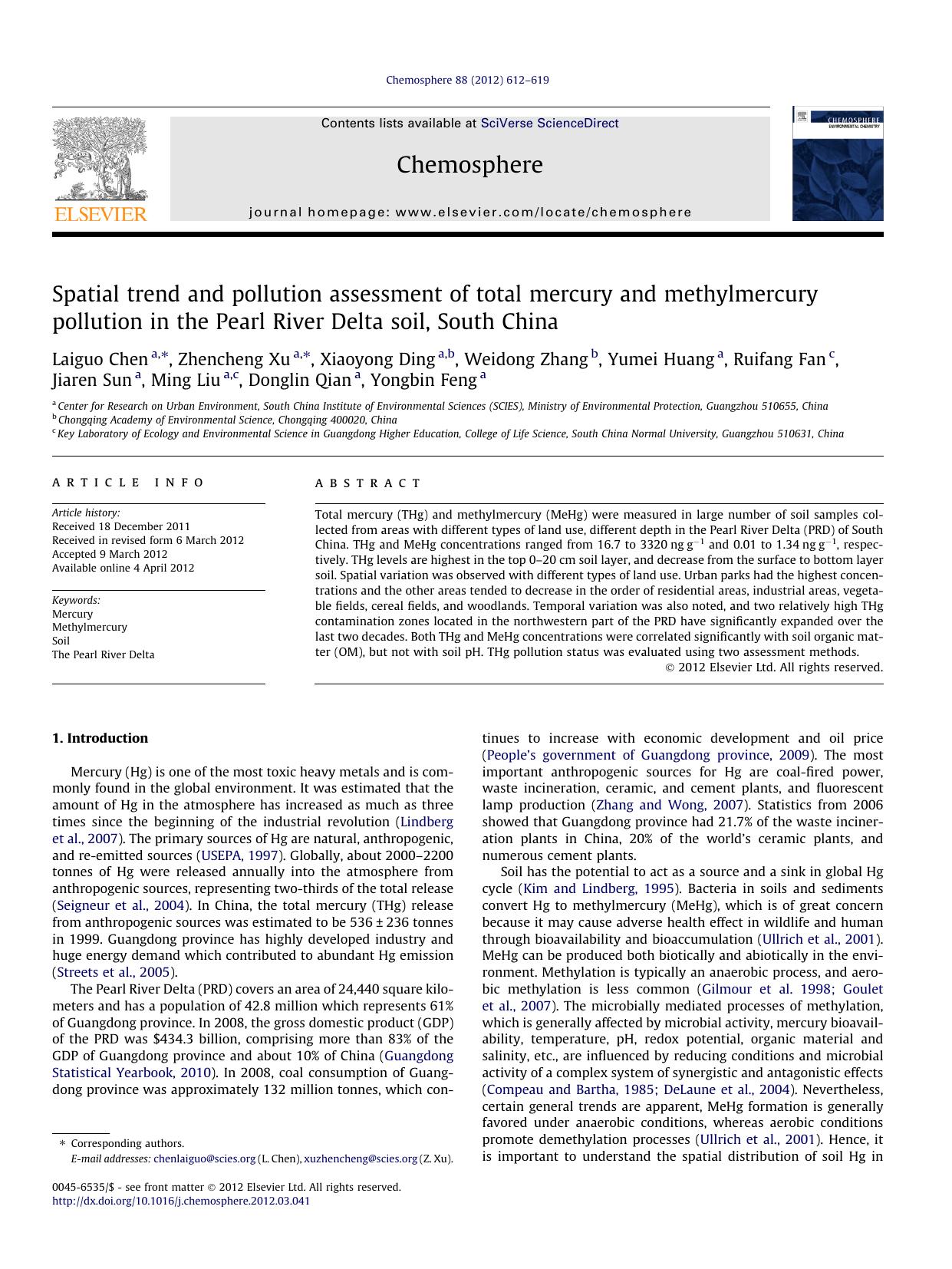 Spatial trend and pollution assessment of total mercury and methylmercury pollution in the Pearl River Delta soil, South China by unknow