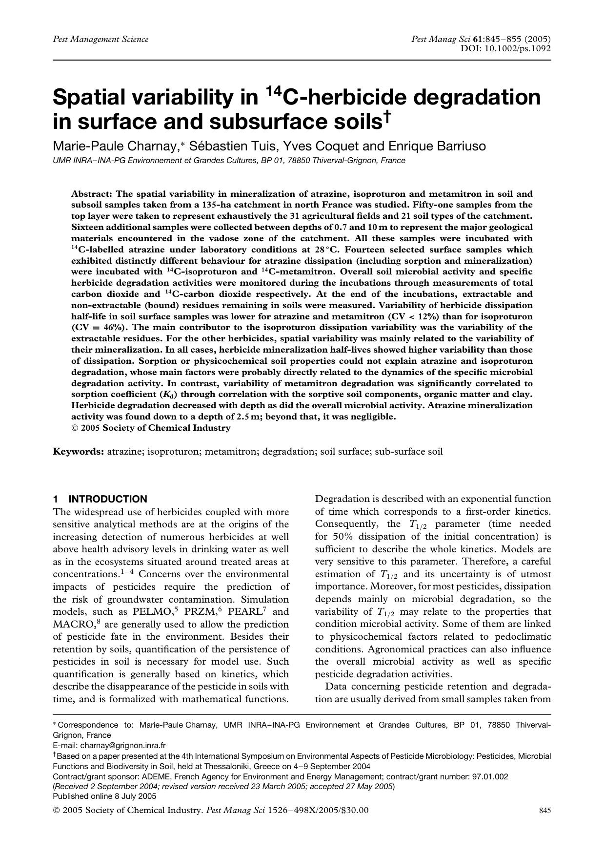 Spatial variability in 14C-herbicide degradation in surface and subsurface soils by Unknown