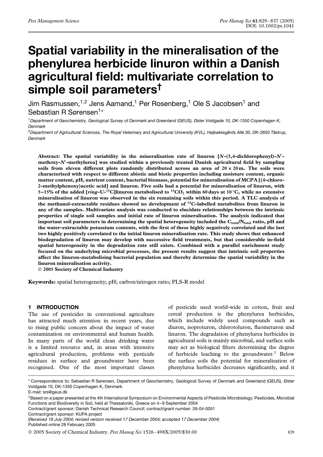 Spatial variability in the mineralisation of the phenylurea herbicide linuron within a Danish agricultural field: multivariate correlation to simple soil parameters by Unknown