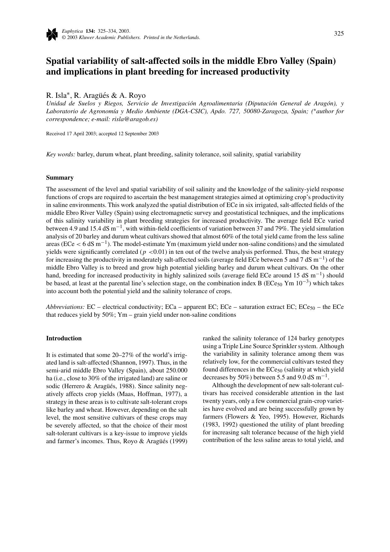 Spatial variability of salt-affected soils in the middle Ebro Valley (Spain) and implications in plant breeding for increased productivity by Unknown