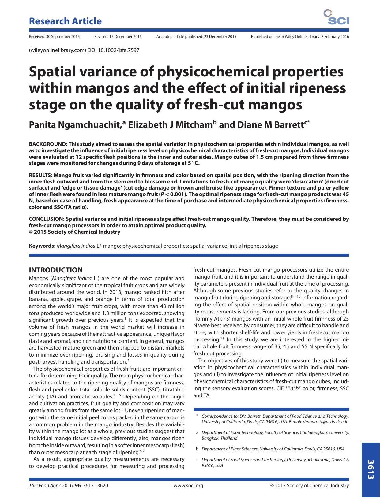 Spatial variance of physicochemical properties within mangos and the effect of initial ripeness stage on the quality of fresh-cut mangos by Unknown