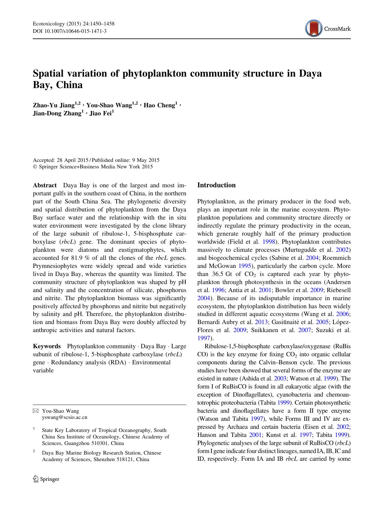 Spatial variation of phytoplankton community structure in Daya Bay, China by Zhao-Yu Jiang & You-Shao Wang & Hao Cheng & Jian-Dong Zhang & Jiao Fei