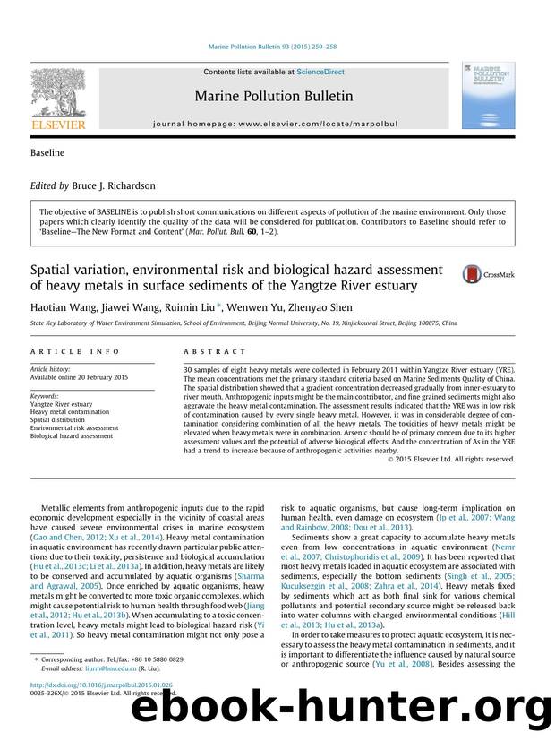 Spatial variation, environmental risk and biological hazard assessment of heavy metals in surface sediments of the Yangtze River estuary by Haotian Wang & Jiawei Wang & Ruimin Liu & Wenwen Yu & Zhenyao Shen