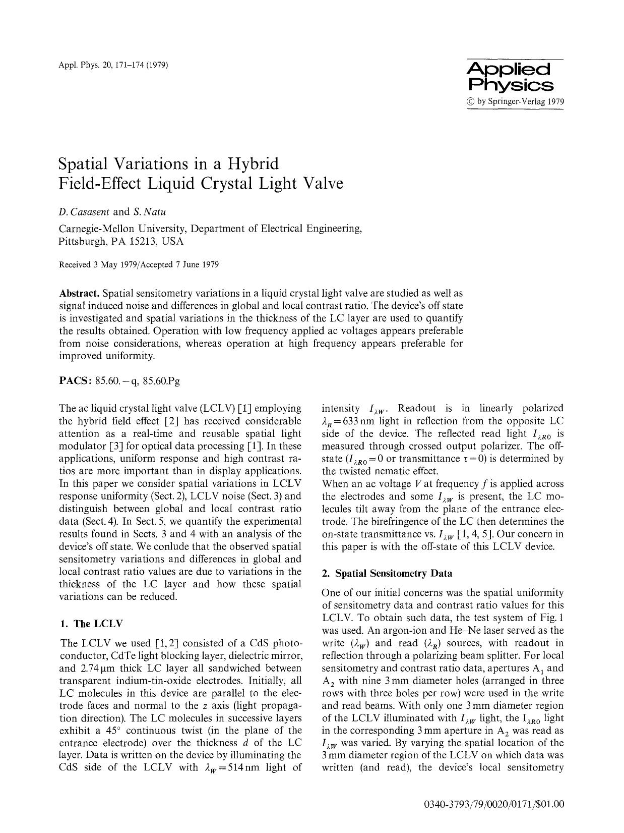 Spatial variations in a hybrid field-effect liquid crystal light valve by Unknown