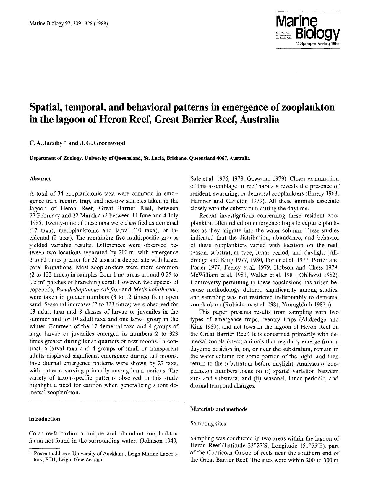 Spatial, temporal, and behavioral patterns in emergence of zooplankton in the lagoon of Heron Reef, Great Barrier Reef, Australia by Unknown