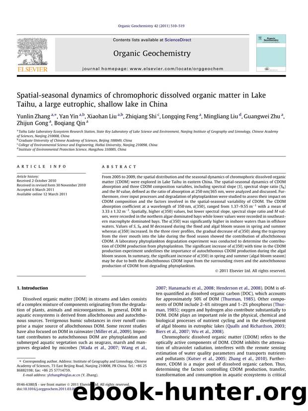 Spatial-seasonal dynamics of chromophoric dissolved organic matter in Lake Taihu, a large eutrophic, shallow lake in China by Yunlin Zhang