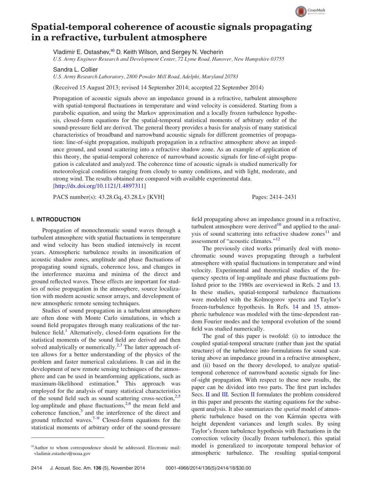 Spatial-temporal coherence of acoustic signals propagating in a refractive, turbulent atmosphere by Vladimir E. Ostashev & D. Keith Wilson & Sergey N. Vecherin & Sandra L. Collier