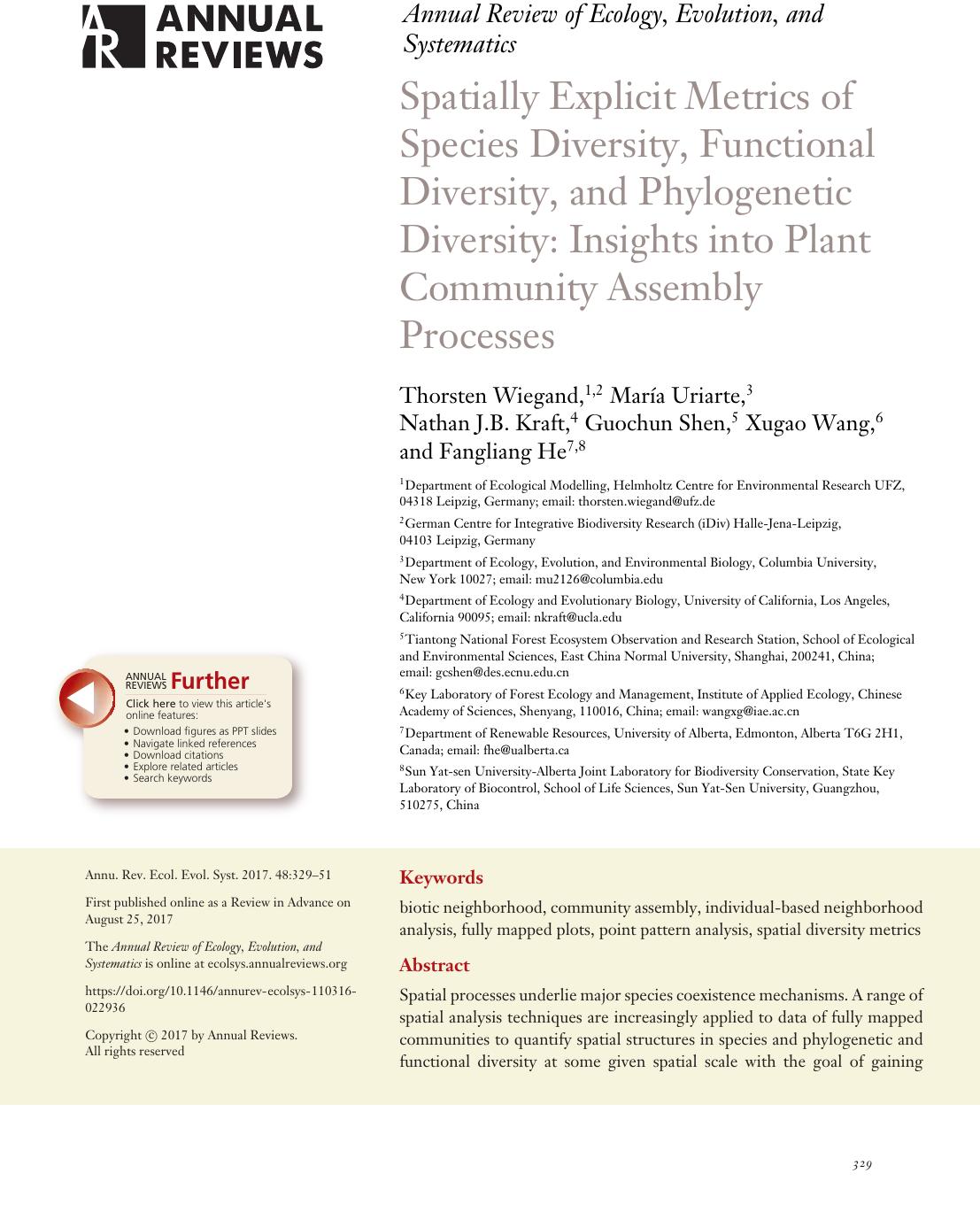 Spatially Explicit Metrics of Species Diversity, Functional Diversity, and Phylogenetic Diversity: Insights into Plant Community Assembly Processes by Thorsten Wiegand María Uriarte Nathan J.B. Kraft Guochun Shen Xugao Wang Fangliang He