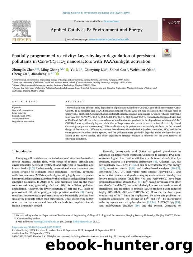 Spatially programmed reactivity: Layer-by-layer degradation of persistent pollutants in CoFeC@TiO2 nanoreactors with PAAsunlight activation by unknow