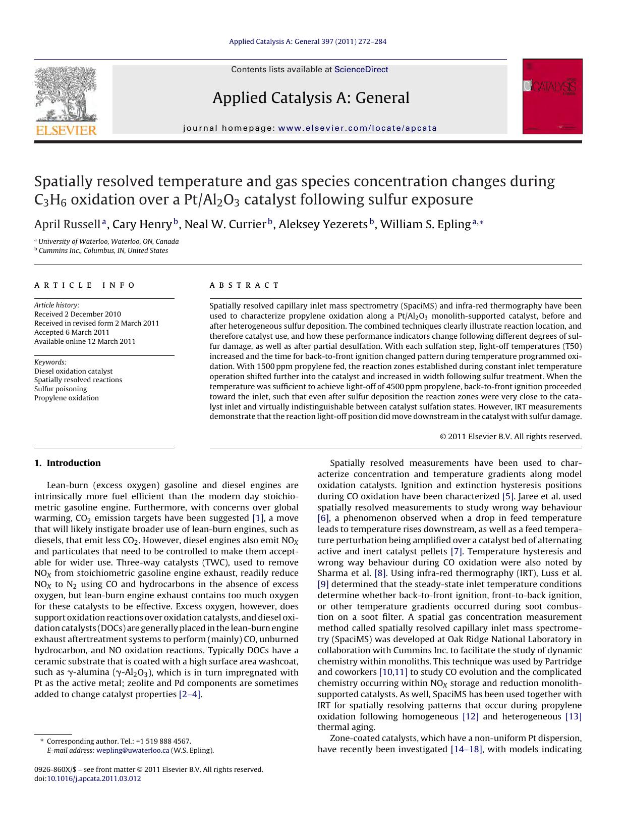 Spatially resolved temperature and gas species concentration changes during C3H6 oxidation over a PtAl2O3 catalyst following sulfur exposure by April Russell & Cary Henry & Neal W. Currier & Aleksey Yezerets & William S. Epling