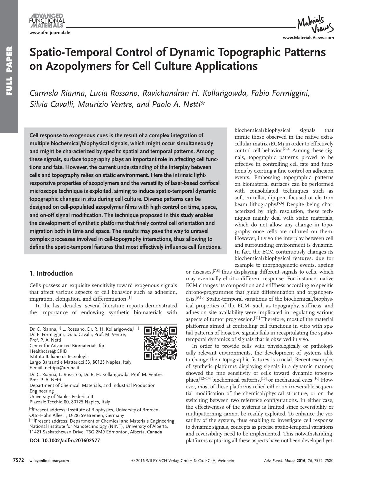 Spatio‐Temporal Control of Dynamic Topographic Patterns on Azopolymers for Cell Culture Applications by Unknown