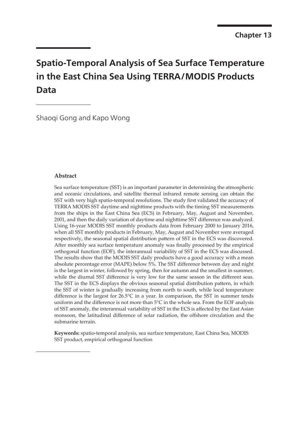 Spatio-Temporal Analysis of Sea Surface Temperature in the East China Sea Using TERRAMODIS Products Data by Shaoqi Gong & Kapo Wong