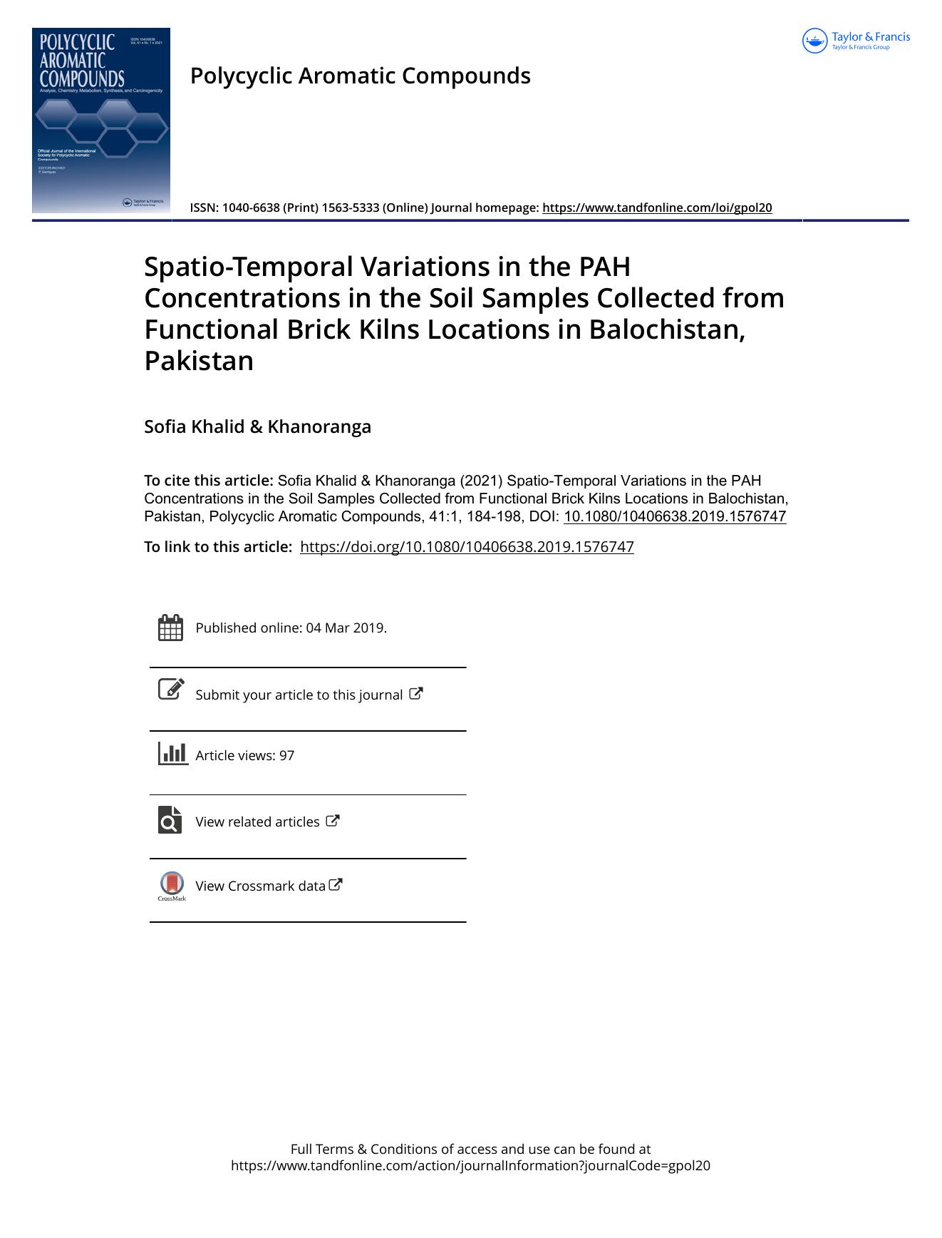 Spatio-Temporal Variations in the PAH Concentrations in the Soil Samples Collected from Functional Brick Kilns Locations in Balochistan, Pakistan by Khalid Sofia