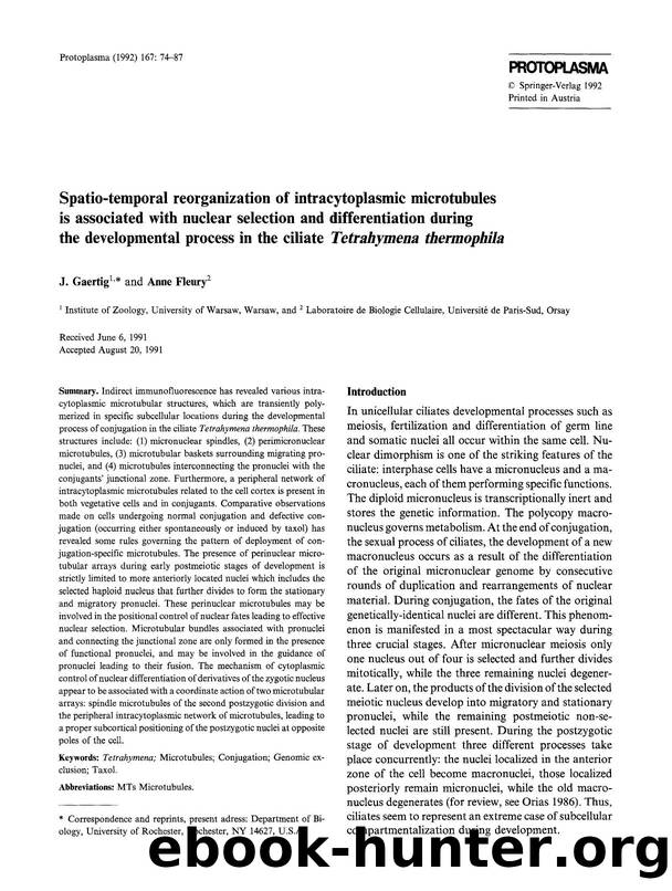 Spatio-temporal reorganization of intracytoplasmic microtubules is associated with nuclear selection and differentiation during the developmental process in the ciliate <Emphasis T by Unknown