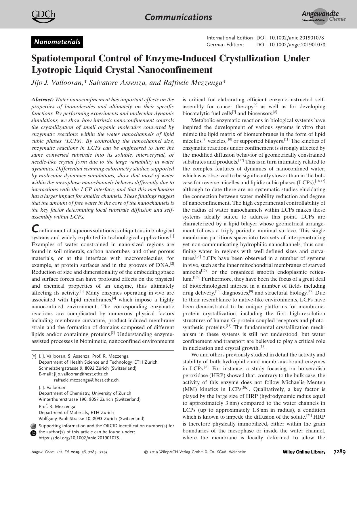 Spatiotemporal Control of EnzymeâInduced Crystallization Under Lyotropic Liquid Crystal Nanoconfinement by Unknown